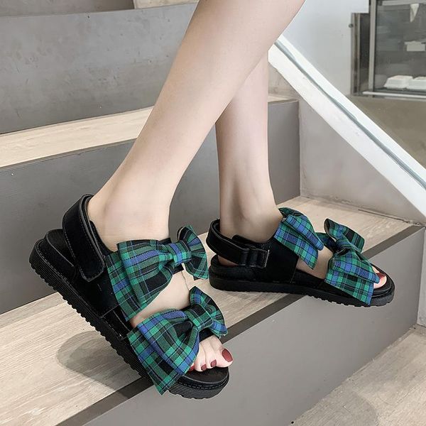 

sandals 2021 korean bow women's flat shoes roman muffin heels, Black