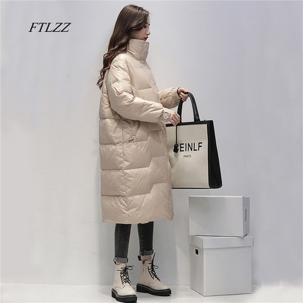 FTLZZ Winter Stand Collar Solid Long Down Jacket Women 90% White Duck coat Yellow Parka Capispalla spesso caldo da neve blu 211018