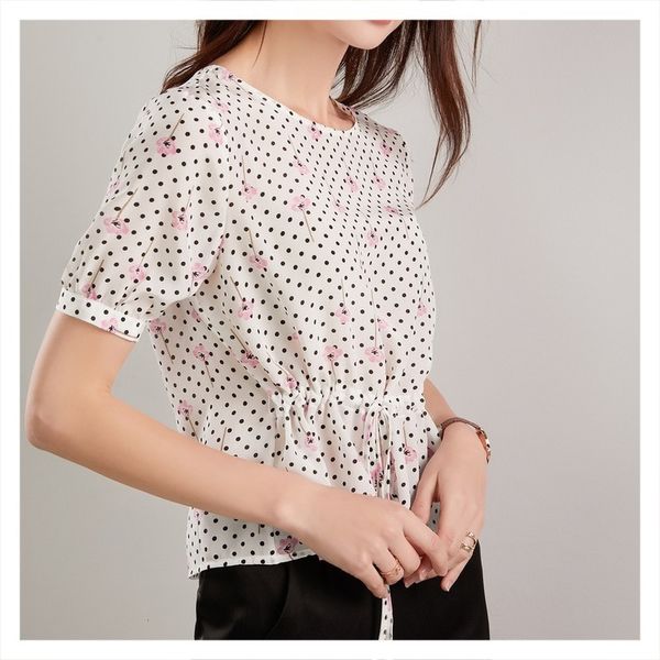 

t shirts dot printed round neck female mulberry silk skirt small shirt floral foreign t-shirt 2021 summer style, White