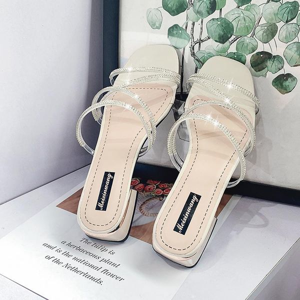 

slippers summer women shoes woman mules clear transparent crystal casual thick mid heels ladies slides plus size, Black