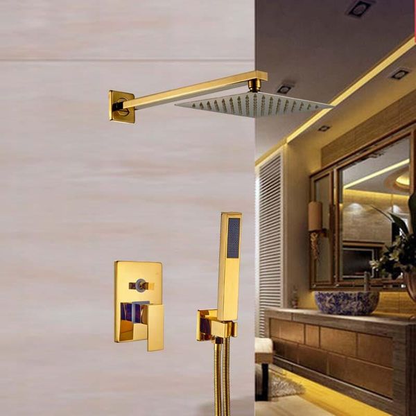 

gold 8" brass rainfall shower faucet set wall mount 2-way faucet cold water mixer valve with handheld shower