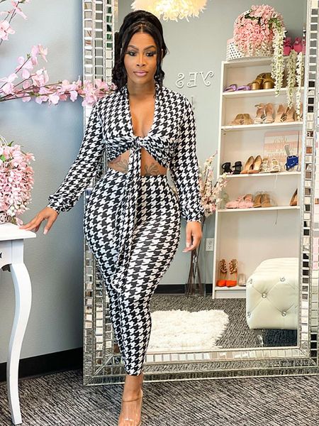 

women's two piece pants autumn plaid set fashion houndstooth print v-neck long-sleeved crop trousers suit casual women, White