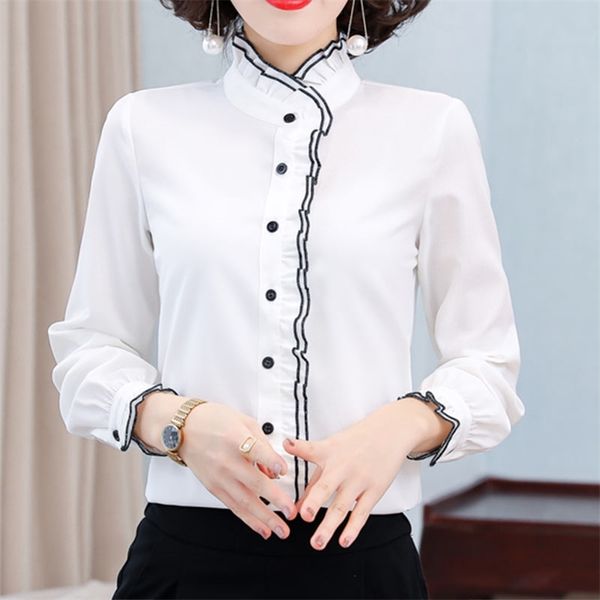 

korean women shirts chiffon blouses woman ruffles blouse office lady long sleeve plus size vintage 210604, White