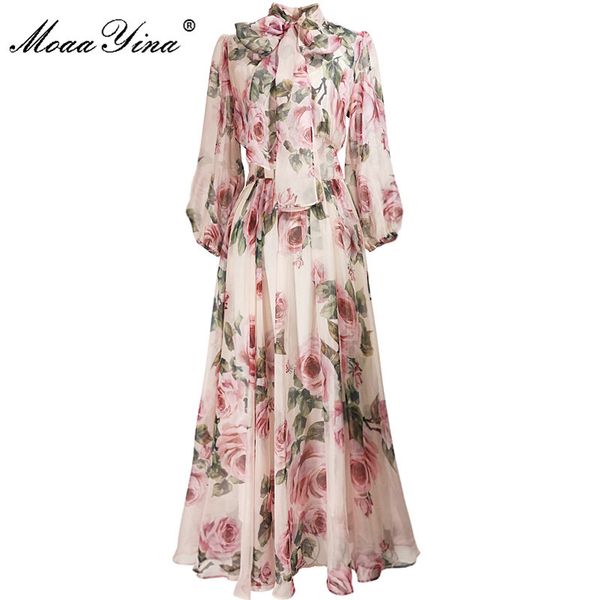 MoaaYina Primavera Verano vestido de diseñador de moda vestido de mujer cuello de lazo Rosa estampado Floral elegante vacaciones vestidos de gasa X0521