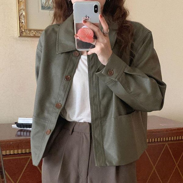 

women's jackets korean chic turn down collar long sleeve leather jacket women solid casual streetwear fashion coat autumn 2021 retro, Black;brown