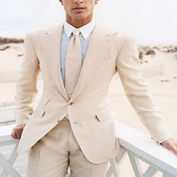 

men's suits & blazers beige groom wedding tuxedo for dinner party two pieces slim fit men peaked lapel casual male fashion jacket with, White;black