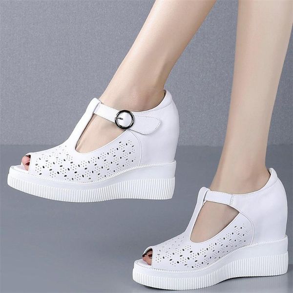 

summer fashion sneakers women breathable genuine leather wedge high heel ankle boots female peep toe platform pumps casual shoes, Black