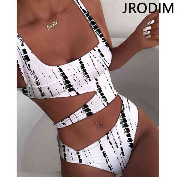 

jrodim solid leopard bandage swimsuit women cut out monokini swimwear hollow bathing suit biquini 210712, White;black