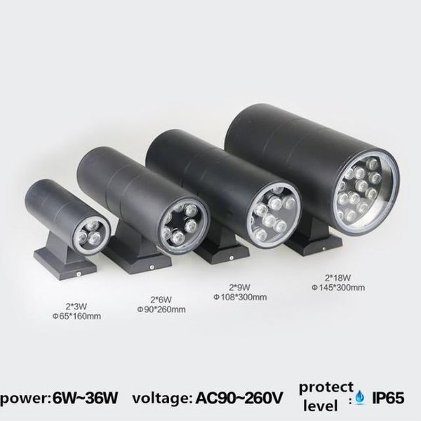

12w 18w 24w 36w 48w ac85-265v ip65 waterproof outdoor wall light up and down aluminum lamp for garden courtyard lamps