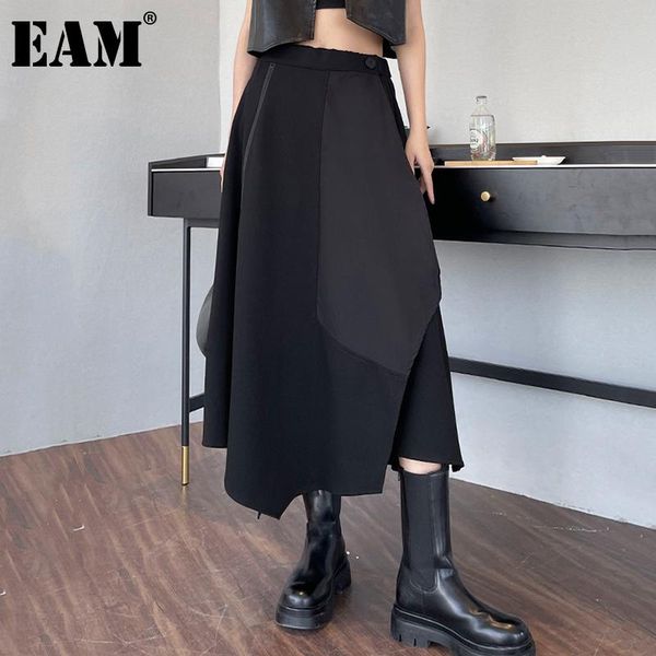 

skirts [eam] high elastic waist black irregular spliced zipper long half-body skirt women fashion tide spring autumn 2021 1dd5363
