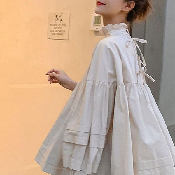 

womens shirt korean style woman blouse daily elegant buff bow loose causal shirts summer bohemian high beach femme fashion, White