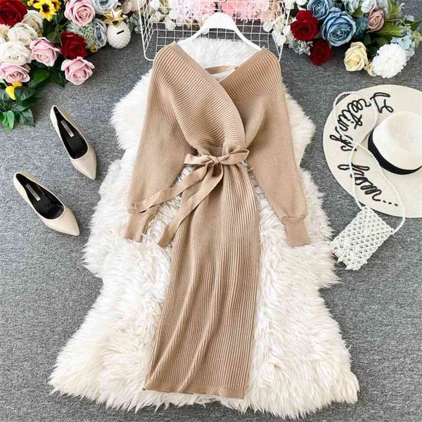 

autumn winter women's dress korean the bat sleeves v-neck solid color knitted slim long-sleeved base gx765 210507, Black;gray