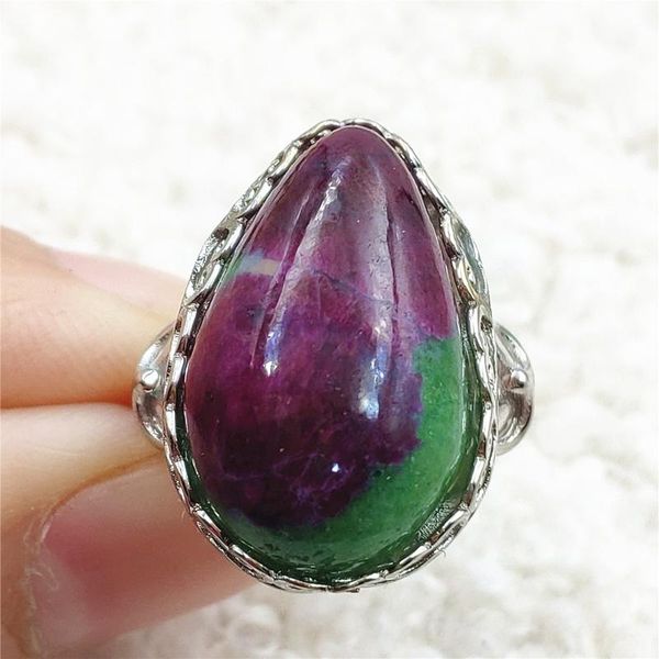 

cluster rings natural ruby zoisite red green adjustable ring gemstone 21x13mm rare 925 sterling silver water drop big size, Golden;silver