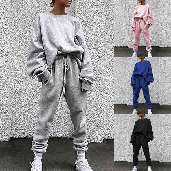 

fashion sportwear sets outfits womenpant pullover casual solid color long sleeve loose blouse pants autumn winter tracksuit outfit o, White