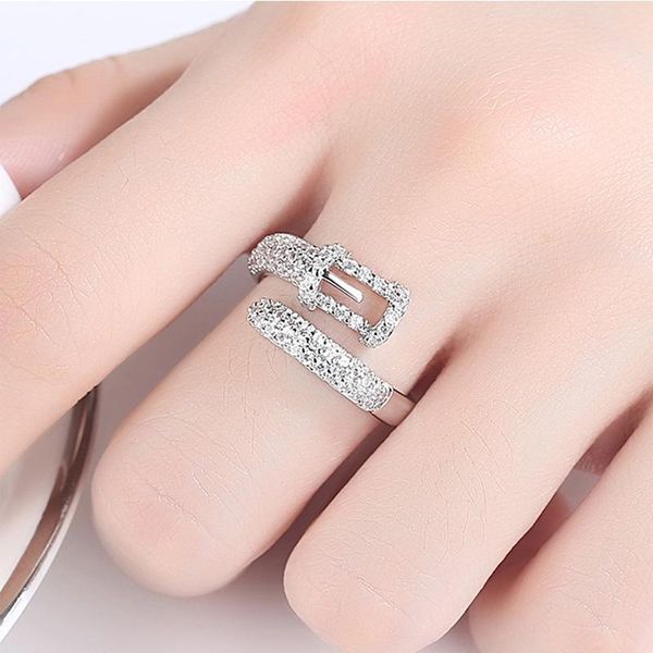 

european and american simple fashion creative hip hop zircon personality belt open ring for men women cluster rings, Golden;silver