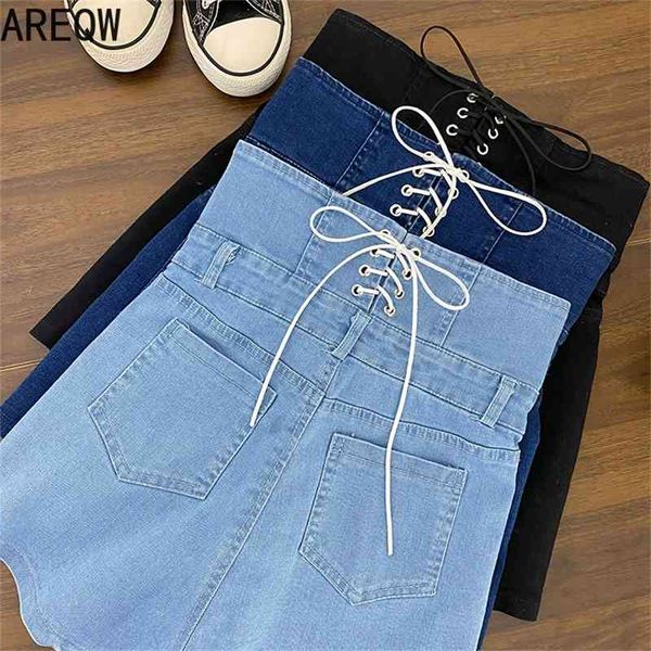 

3224 denim shorts korean fashion casual pants show thin pants bandage super high waist wide leg pants 210507, White;black