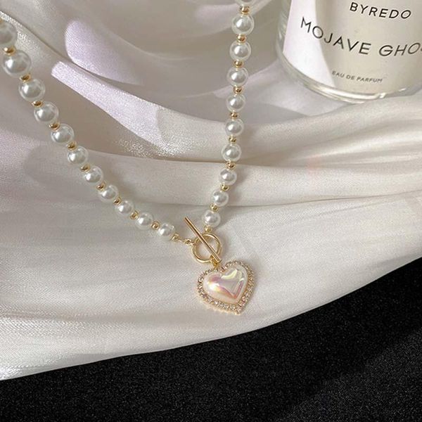 

chains necklace wwoman artificial pearls chain necklaces women hearts pendant ladies jewellery lady jewelry trendy collier, Silver