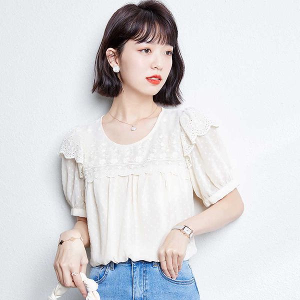 Sommer Koreanische Mode Chiffon Frauen Blusen Büro Dame Hemd und Bluse Spitze Kurzarm Tops Plus Größe XXL 210531