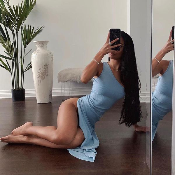 

casual dresses 2021 summer high split out party dress blue one-shoulder ribbed women's elegant knitted backless nightclub maxi, Black;gray