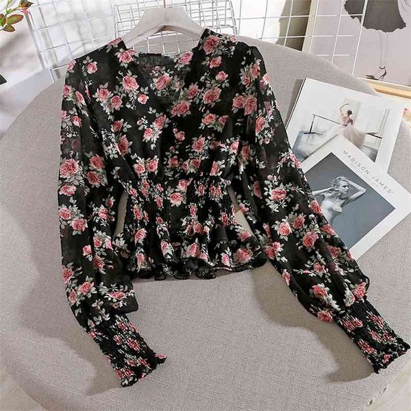 

spring autumn women's korean style printed v-neck long sleeve chiffon retro waist slim ruffle female s ll151 210730, White