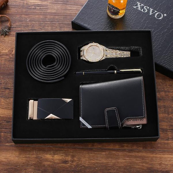 

men's gift box 5pcs set quartz watch full diamond watches fashion luxury exquisite packaging present wallet belt wristwatches, Slivery;brown