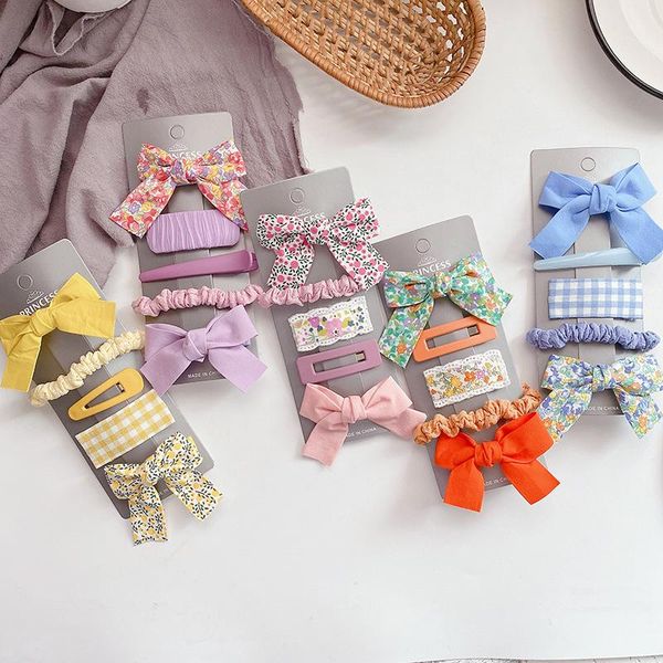 

hair accessories 5 pcs korea fashion children's simple fresh fabric floral bow duckbill clip sweet girl princess rubber band, Slivery;white