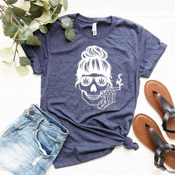 

bun hair skull printing women t-shirt smo funny t shirt pothead female casual graphic vacation cool clothes women's, White