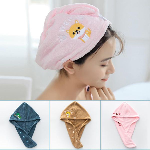 

shower caps coral fleece absorbent dry hair cap cute embroidery towel children home