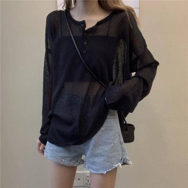 

women knitted long sleeve womens sweaters pullover korean woman loose thin sunscreen shirt see through spring summer, White;black