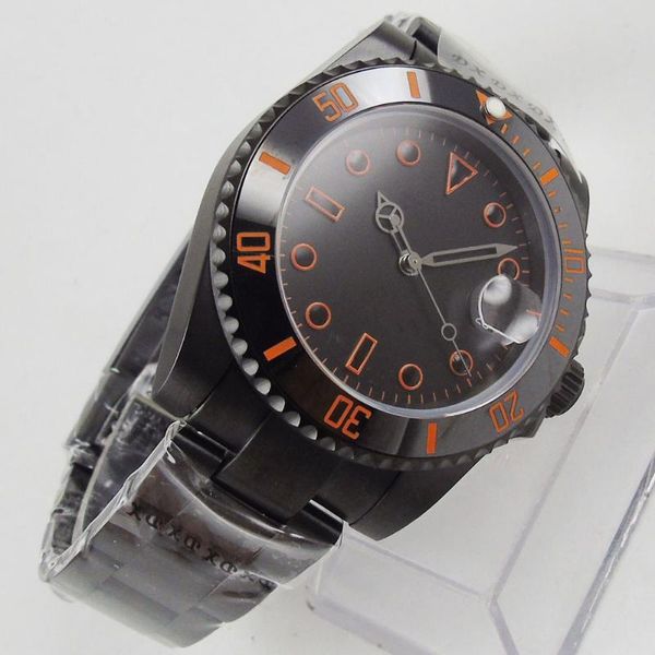 

wristwatches 40mm black sterile dial automatic mechanical sapphire glass miyota pvd coated bracelet strap date orange self winding mens watc, Slivery;brown