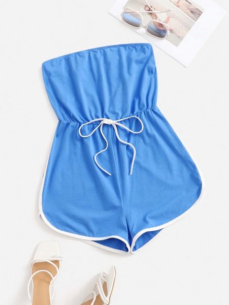 

contrast binding drawstring waist tube romper l52h#, White