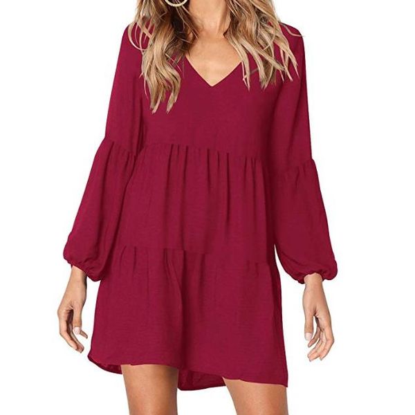 

casual dresses loose solid color v neck mini dress women lantern long sleeve spring vestidos ladies clothing, Black;gray
