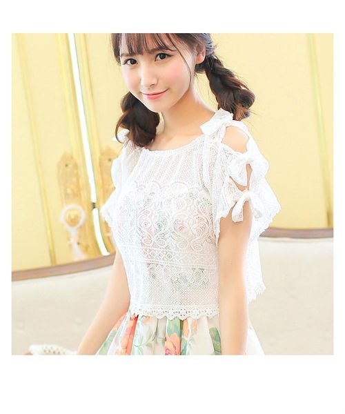 

women's t-shirt 2021 fashione hollow lace bow tee overall shirt, White