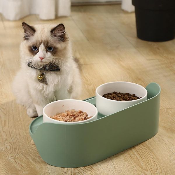 

cat bowls & feeders ceramics double dog food and water elevated anti-tipping anti-splash pet dish with no-skid silicone mat