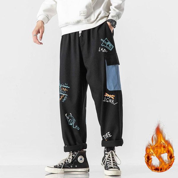 

japanese autumn winter warm fleece velvet graffiti straight-leg pants men plus size loose harem trousers casual wide-leg men's, Black