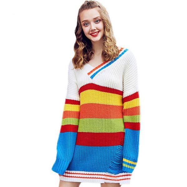 

women's sweaters 2021 women spring autumn fashion v-neck long sleeve pullovers ladies sweet rainbow striped loose knitting z279, White;black