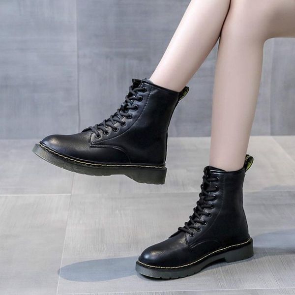 

boots autum winter pu leather ankle for women flat heels non-slip casual lace-up motorcycle booties woman zapato de mujer, Black