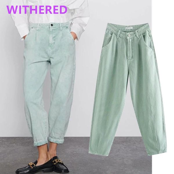 

women's jeans dave&di vintage light green solid loose mom woman high waist pleated turnip denim pants boyfriend for women, Blue