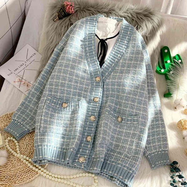 

women's knits & tees fairy warm wool sweater coat for loose autumn korean plaid cashmere blend knitted cardigan x869, White