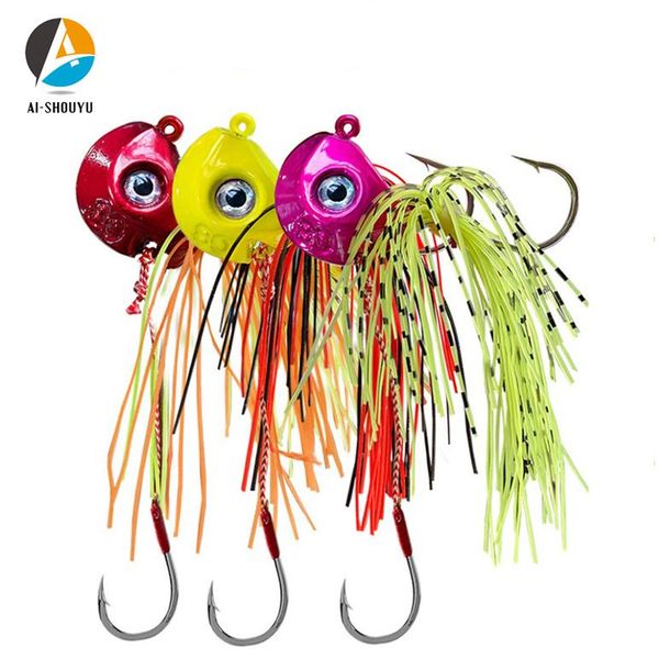 

ai-shouyu fishing lead jig head lure 40g/60g/80g/100g strong hook deep sea boat tackle with skirt assist hooks