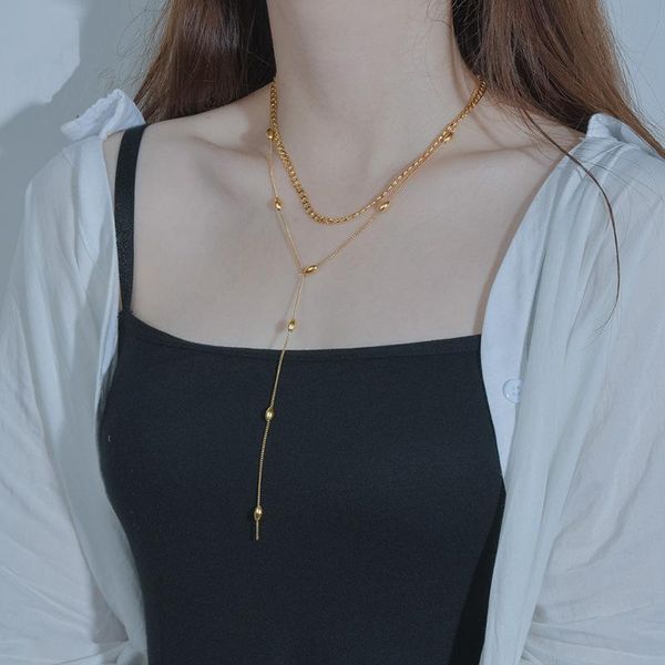 

chains meyrroyu stainless steel 2 layer gold color beads necklace for women tassel chain choker 2021 trend party gift fashion jewelry, Silver