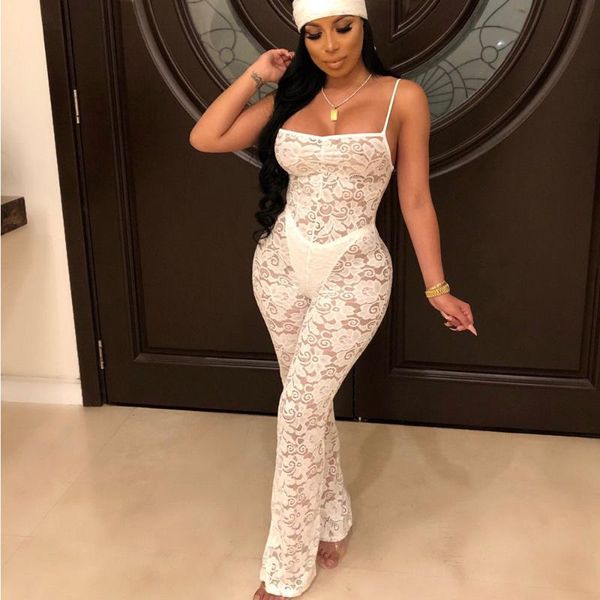 

gym clothing arrival fashion women sleeveless mesh jumpsuit summer bodycon party romper lace long trousers, White;black
