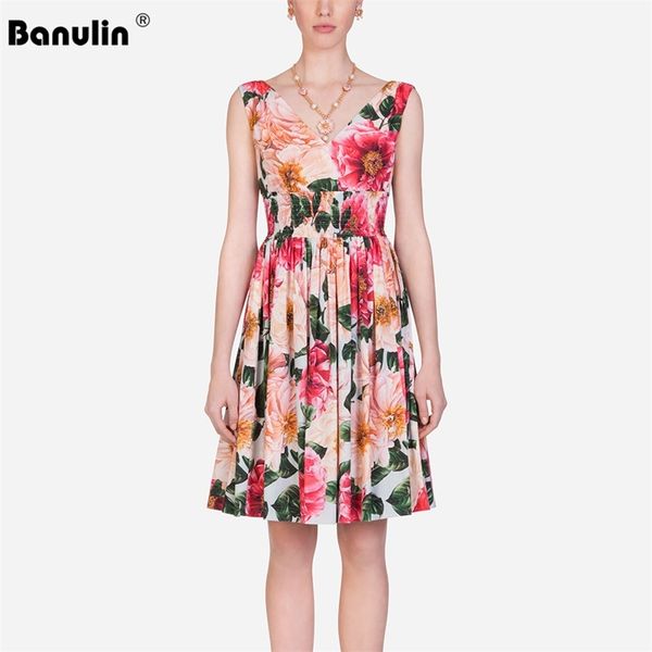 

banulin fashion runway summer tank dress women elegant v-neck floral print elastic waist holiday beach mini short 210603, Black;gray