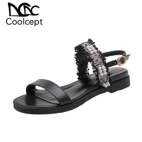 

coolcept arrival women sandals shoes fashion pearls metal buckle low heels genuine leather footwear size 34-42, Black
