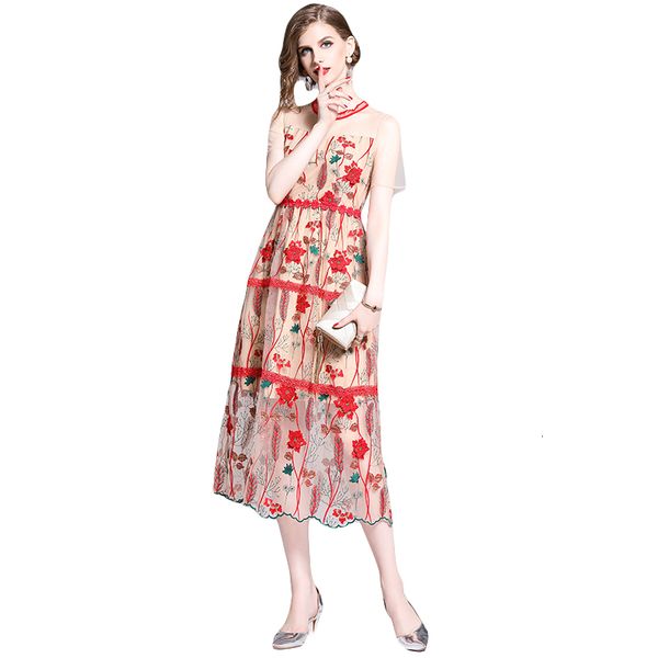 

women's fashions will see three-dimensional floral embroidered short sleeve-neck chic mesh dress dressed as long beach gybw, Black;gray