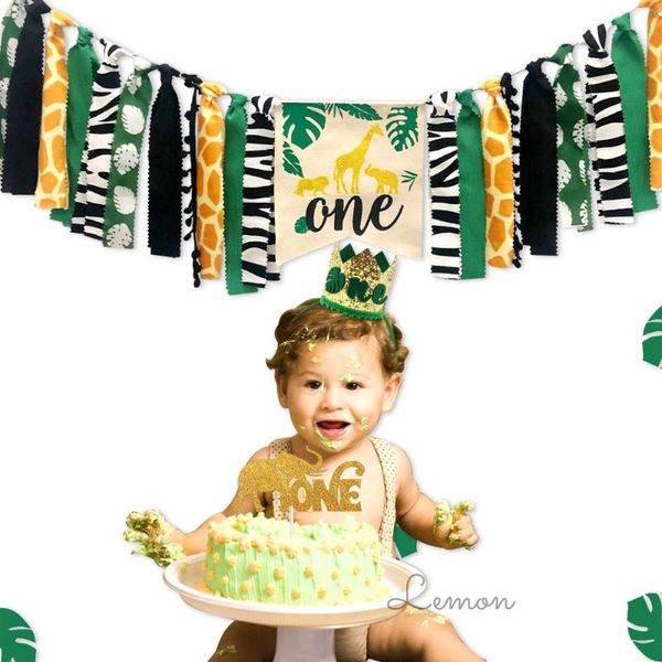 

party decoration high chair banner sateen linen baby birthday theme flag room fabric garland cake smash po green gold
