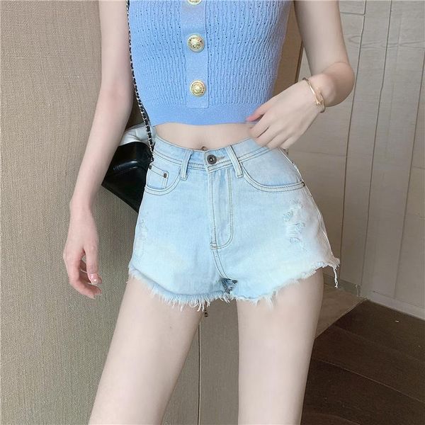 

women's jeans white cotton denim shorts women grinding hem vintage worn out wash high waist short for summer fashion lady, Blue