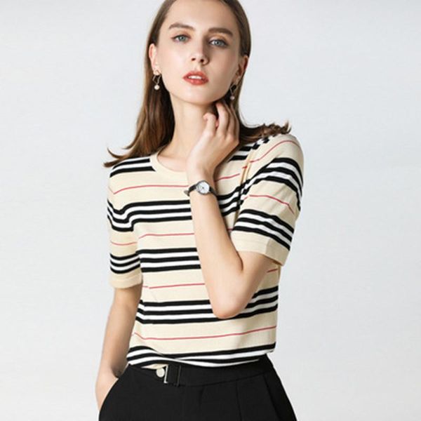 

women's sweaters sweater short-sleeved stripes 2021 spring and summer round neck knit loose fashion bottoming pullover, White;black
