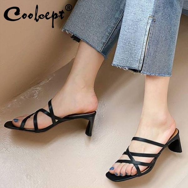 

coolcept 2021 women high heel sandals real leather summer shoes fashion slingbacks shallow lady footwear size 34-40, Black
