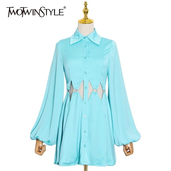 

hollow out dresses for female lantern long sleeve lapel collar high waist slimming womens dress fashion 210520, Black;gray